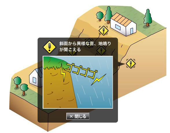 イラスト、崖崩れの前兆で斜面から異様な音、地鳴りが聞こえる