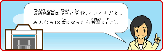 県議会議員は選挙で選ばれているんだね。みんなも20歳になったら投票に行こう。