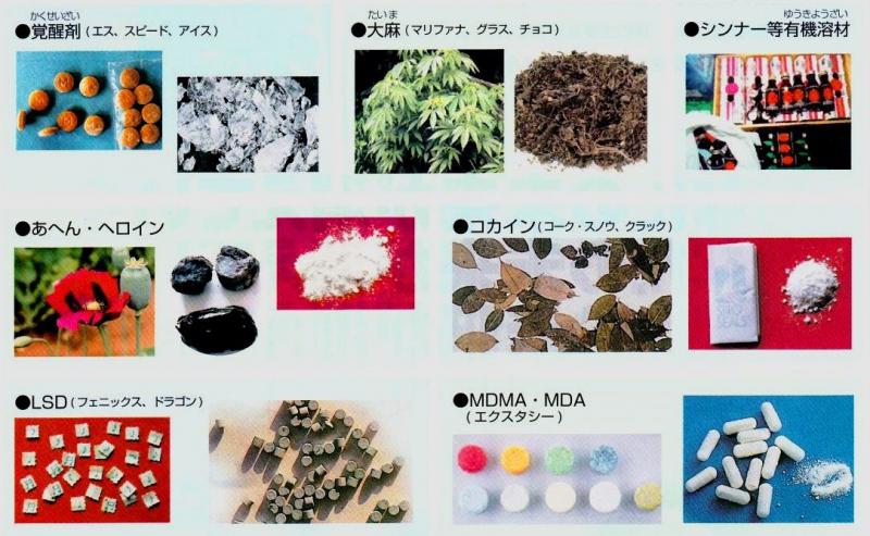 乱用されている薬物例。覚醒剤、大麻、シンナー、あへん、ヘロイン、コカイン、エルエスディー、MDMA・MDAがあります。