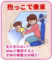 抱っこで乗車した場合、40キロメートル/hで衝突すると子供の体重は30倍になり子どもを支えきれません