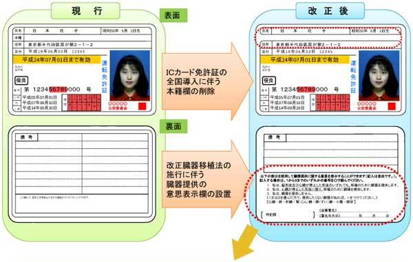 表面ICカード免許証の全国導入に伴う本籍欄の削除、裏面改正臓器移植法の施行に伴う臓器提供の意思表示欄の設置